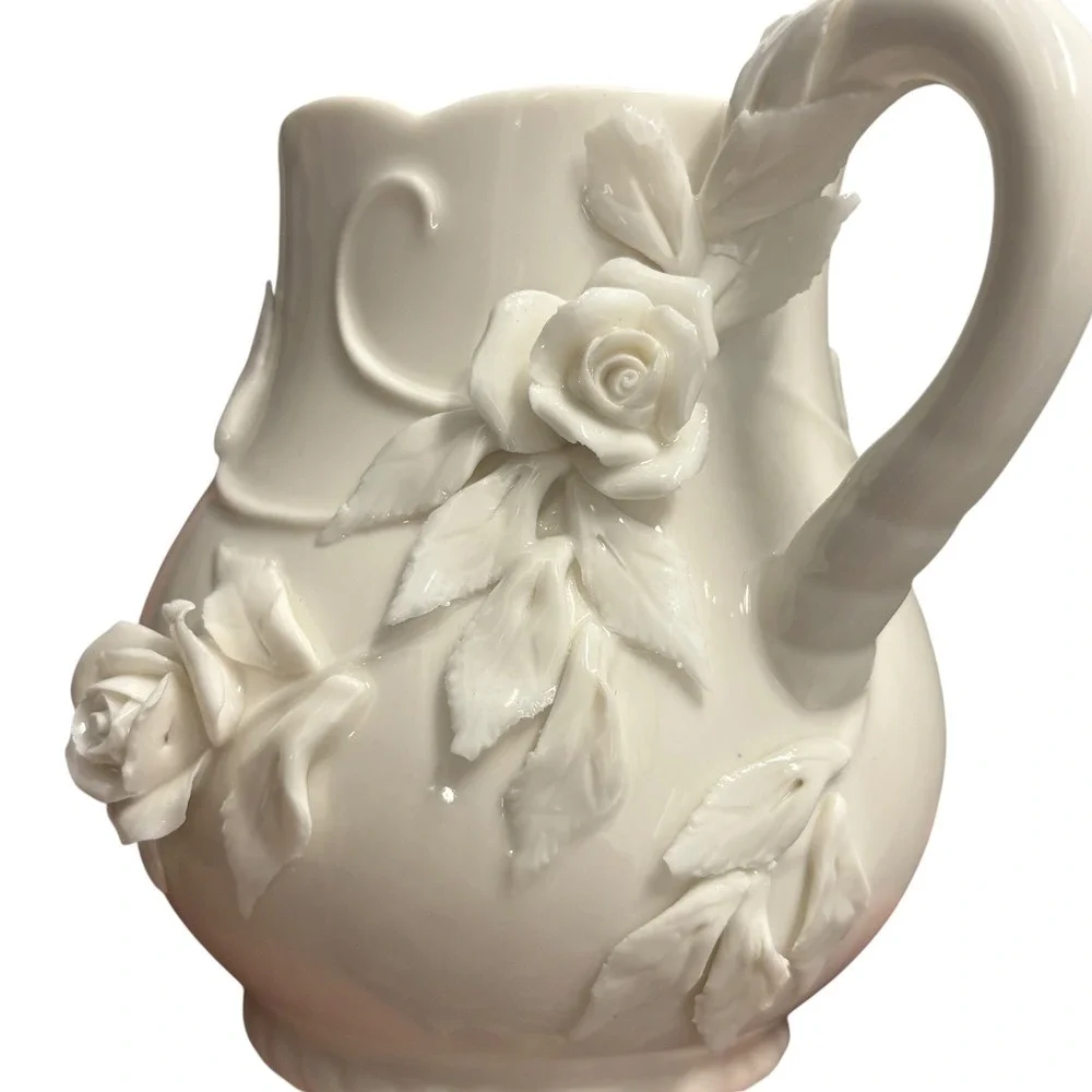 Godinger Antique Reflections Cream Ceramic Rose Pitcher 3D Floral Victorian Shab